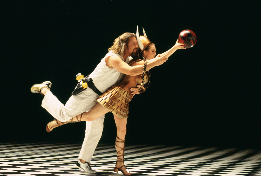 The Dude and Maude (Julianne Moore) in The Big Lebowski bowling fantasy. 